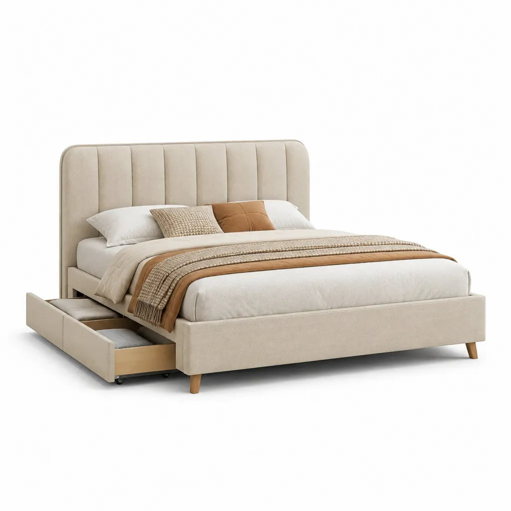 Stauraumbett 160 x 200 cm mit Schublade gepolstertem Polyesterbezug rechteckig Beige