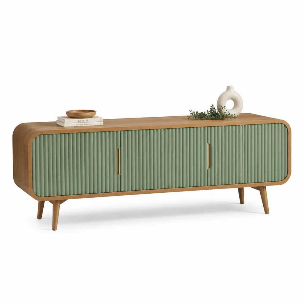TV-Lowboard 180 x 40 x 55 cm MDF mit Eichenfurnier abgerundet Grun Natur