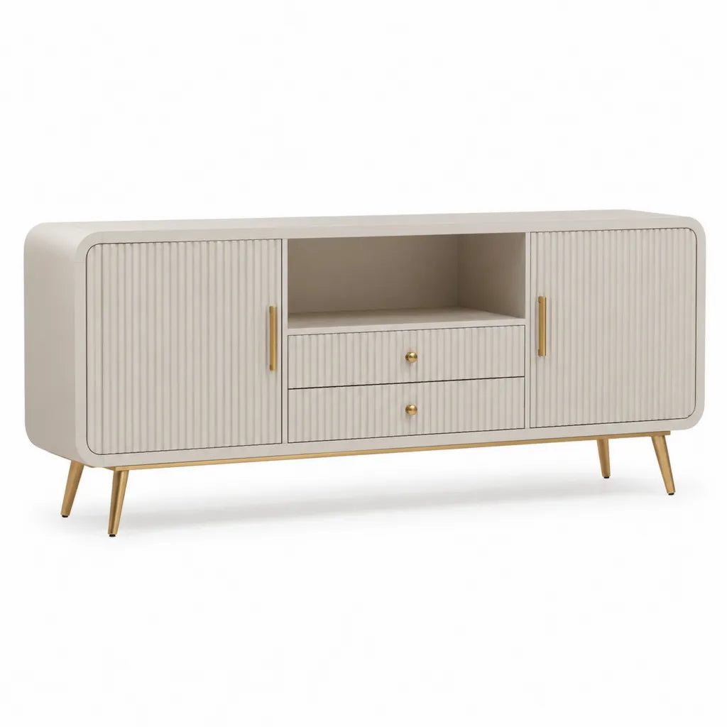TV-Lowboard 160 x 40 x 75 cm MDF mit geriffelter Front abgerundet Cremeweiss