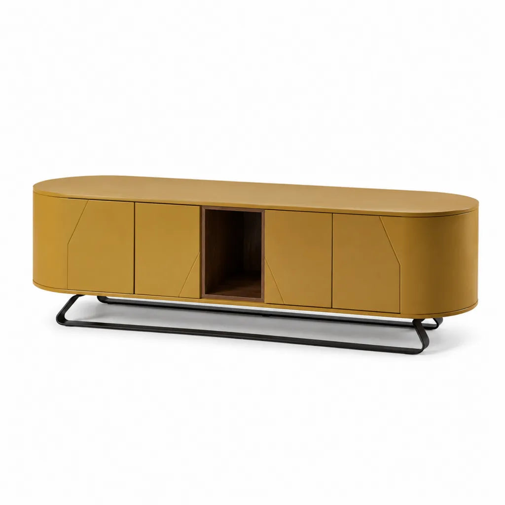 TV-Lowboard mit 4 Turen und offenem Fach aus MDF und Stahl oval senfgelb 180 x 40 x 55 cm