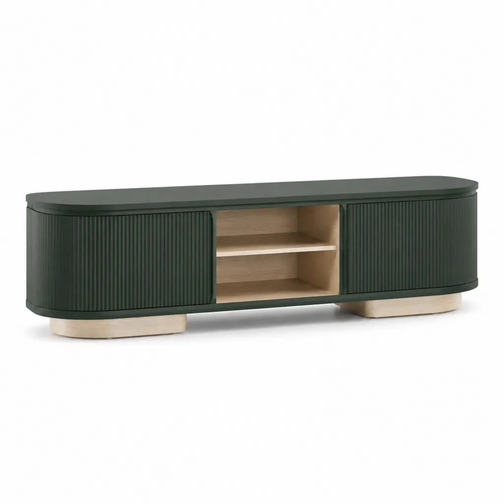 TV-Lowboard mit Schiebeturen MDF Eichenfurnier abgerundet Dunkelgrun Natur 180 x 40 x 45 cm