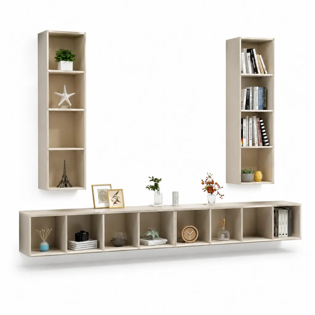 TV-Wandmobel Set 3-teilig aus MDF rechteckig Beige 180 x 25 x 30 cm mit 2 Wandregalen 30 x 25 x 120 cm