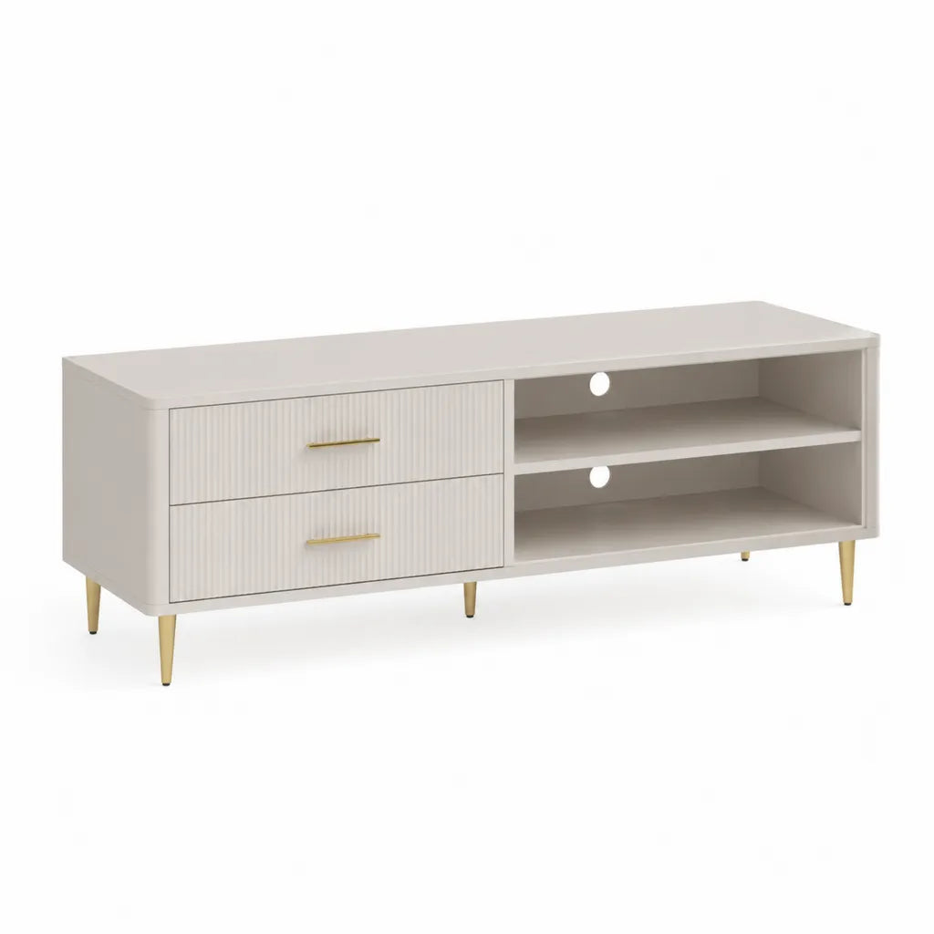 TV-Lowboard mit 2 Schubladen und 2 offenen Fachern aus MDF rechteckig Weiss Goldfarben 140 x 40 x 55 cm