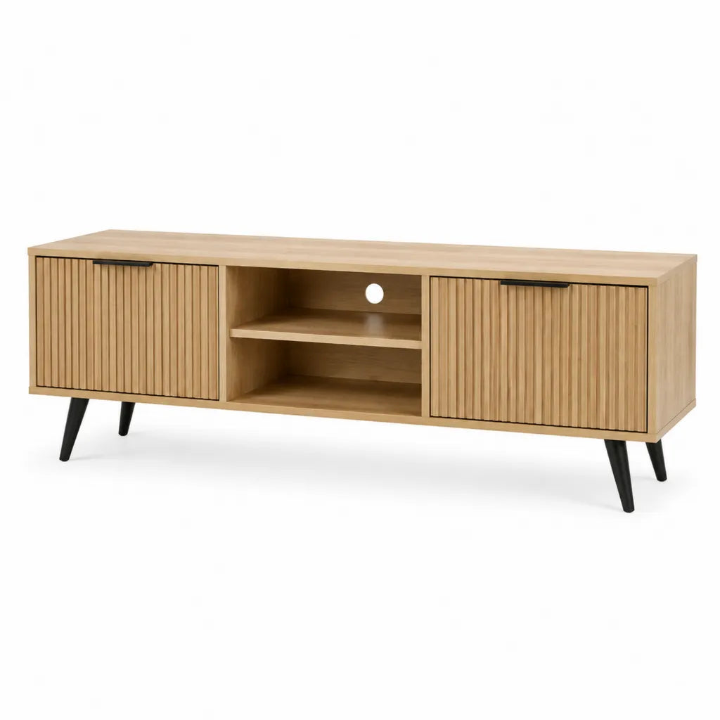 TV-Lowboard mit 2 Turen und 2 offenen Fachern 160 x 40 x 50 cm MDF mit Eichenfurnier rechteckig Natur Schwarz