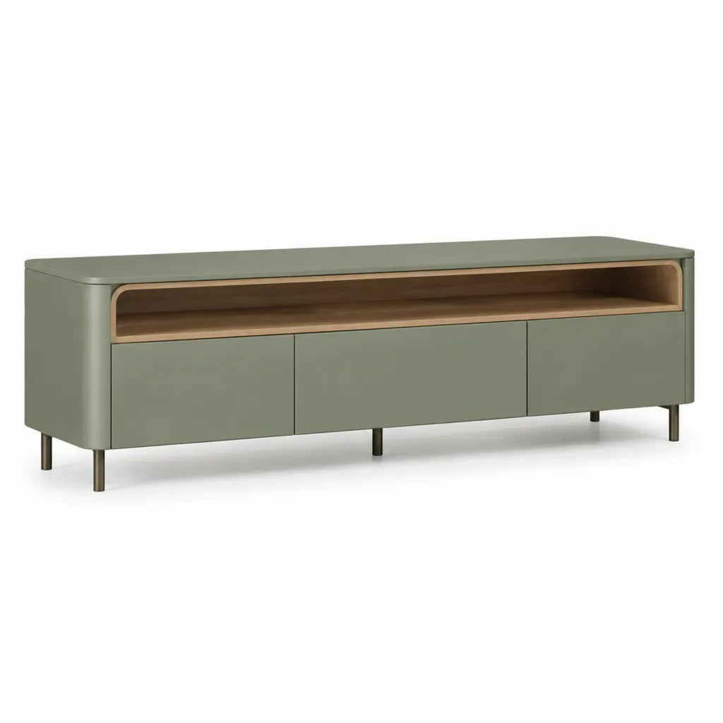 TV-Lowboard mit 3 Turen und offenem Fach 180 x 40 x 60 cm MDF Stahl Rechteckig Olivgrun Naturbraun