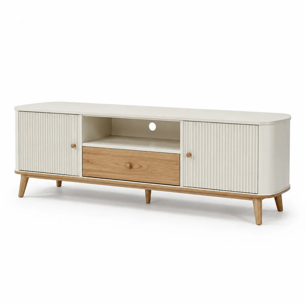 TV Lowboard 180 x 40 x 60 cm aus MDF und Massivholz abgerundet rechteckig Creme Naturholz