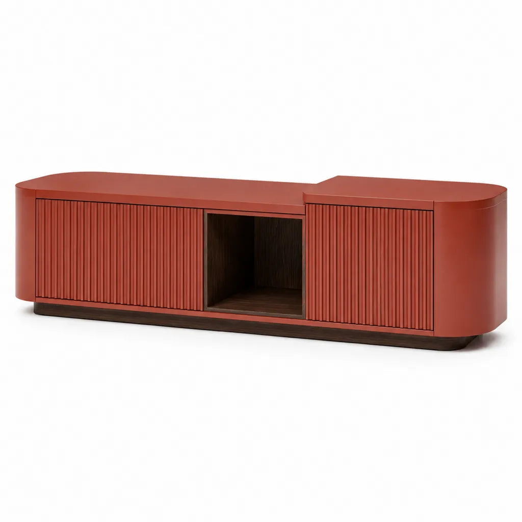 TV-Lowboard aus MDF mit Schiebeturen in abgerundeter Rechteckform Ziegelrot Dunkelbraun 180 x 40 x 55 cm