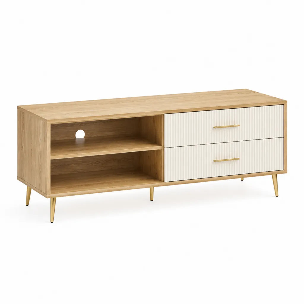 TV-Lowboard 140 x 40 x 60 cm mit 2 Schubladen und 2 offenen Fachern aus MDF in Eichenoptik Weiss Rechteckig