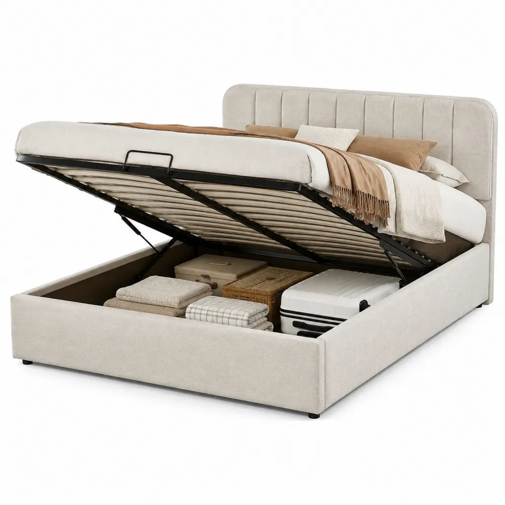 Polsterbett mit Stauraum 180 x 200 cm Polyester rechteckig Beige