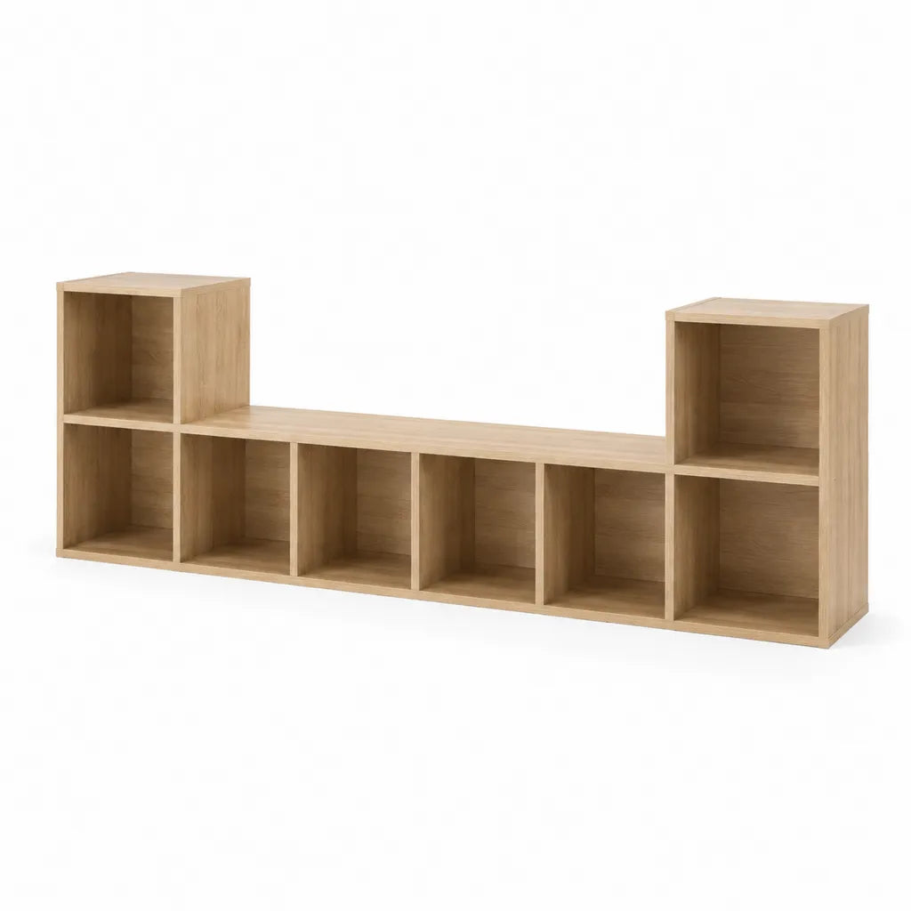 TV-Lowboard mit 8 offenen Fachern aus melaminharzbeschichteter Spanplatte rechteckig Eiche Natur 180 x 30 x 60 cm