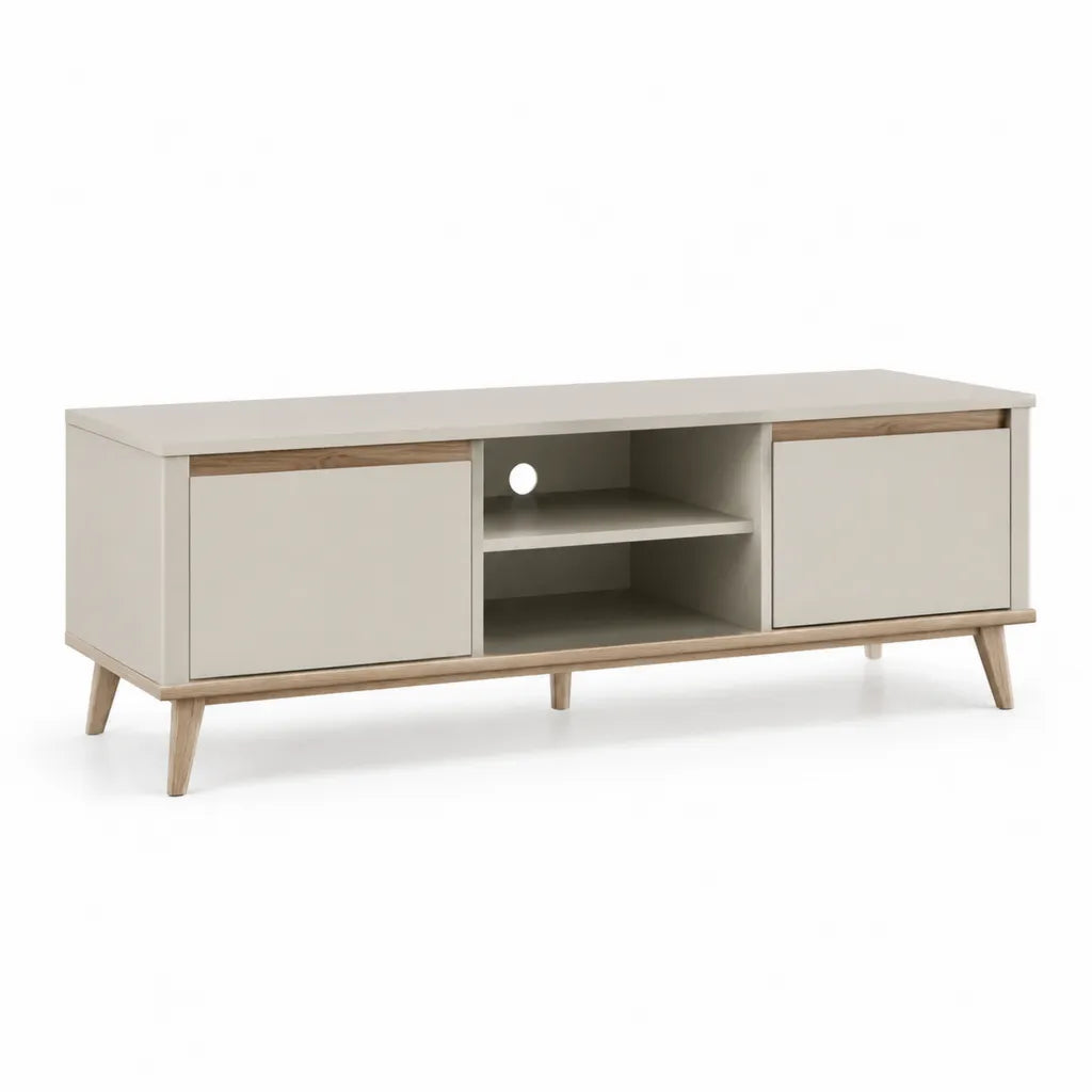TV-Lowboard rechteckig 140 x 40 x 50 cm aus MDF und Massivholz in Weiss Natur