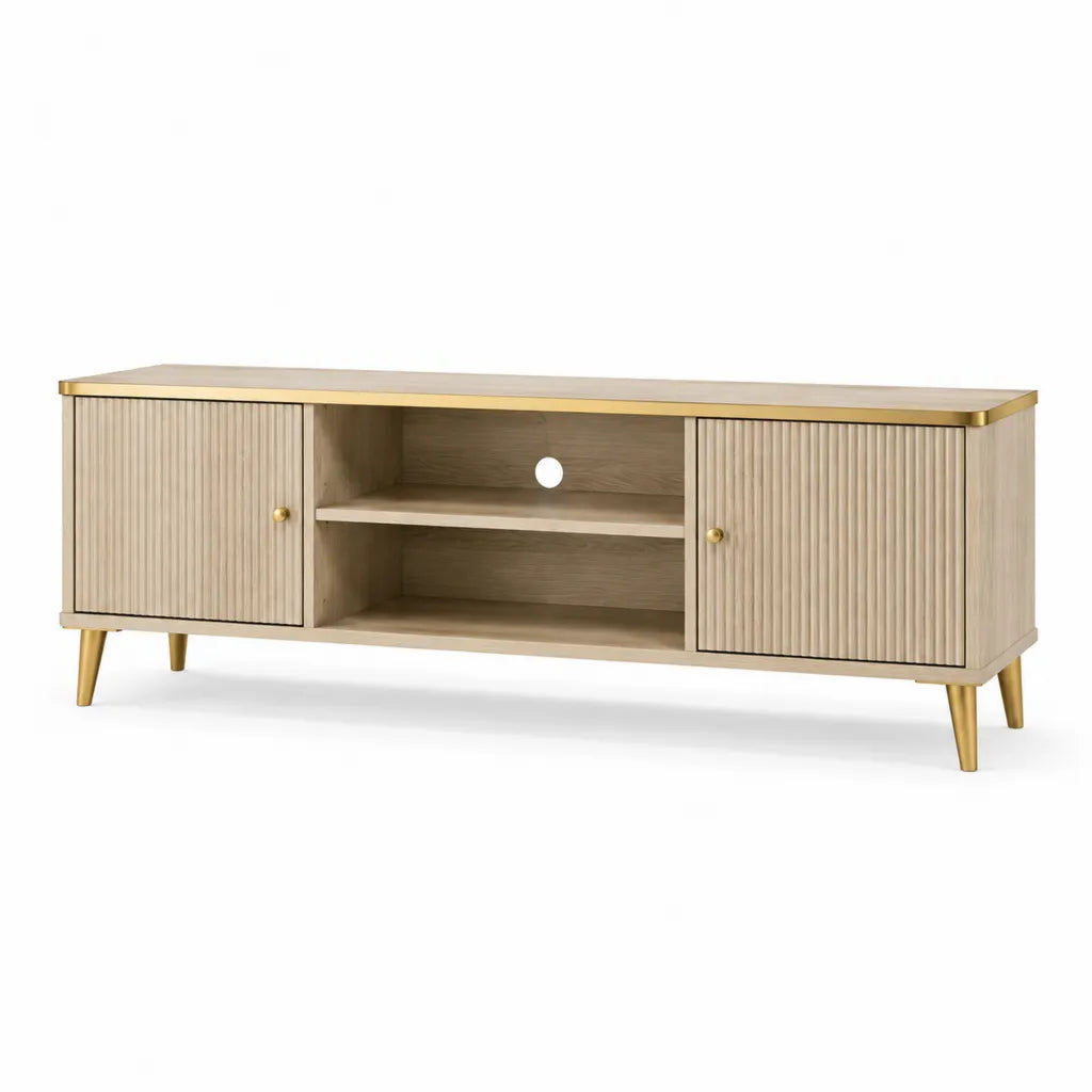 TV-Lowboard mit 2 Turen und 2 offenen Fachern 160 x 40 x 60 cm MDF rechteckig Eichenoptik Naturgold