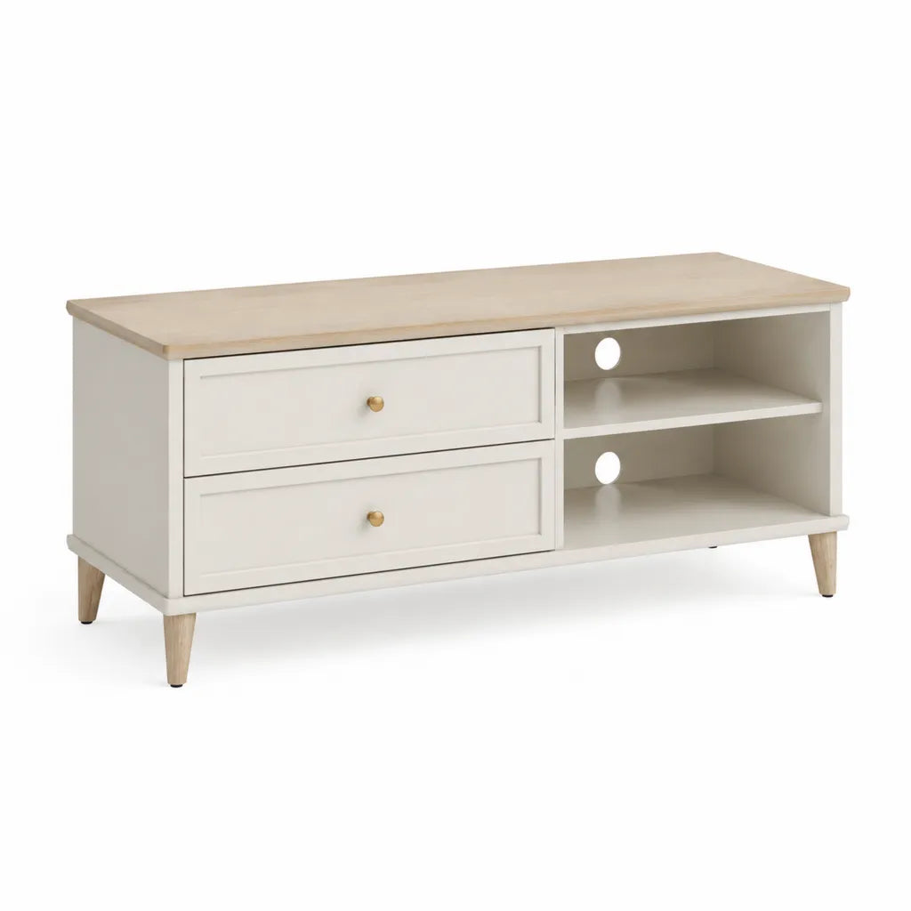 TV-Lowboard mit 2 Schubladen und 2 offenen Fachern 120 x 40 x 60 cm MDF Massivholz rechteckig Weiss Natur