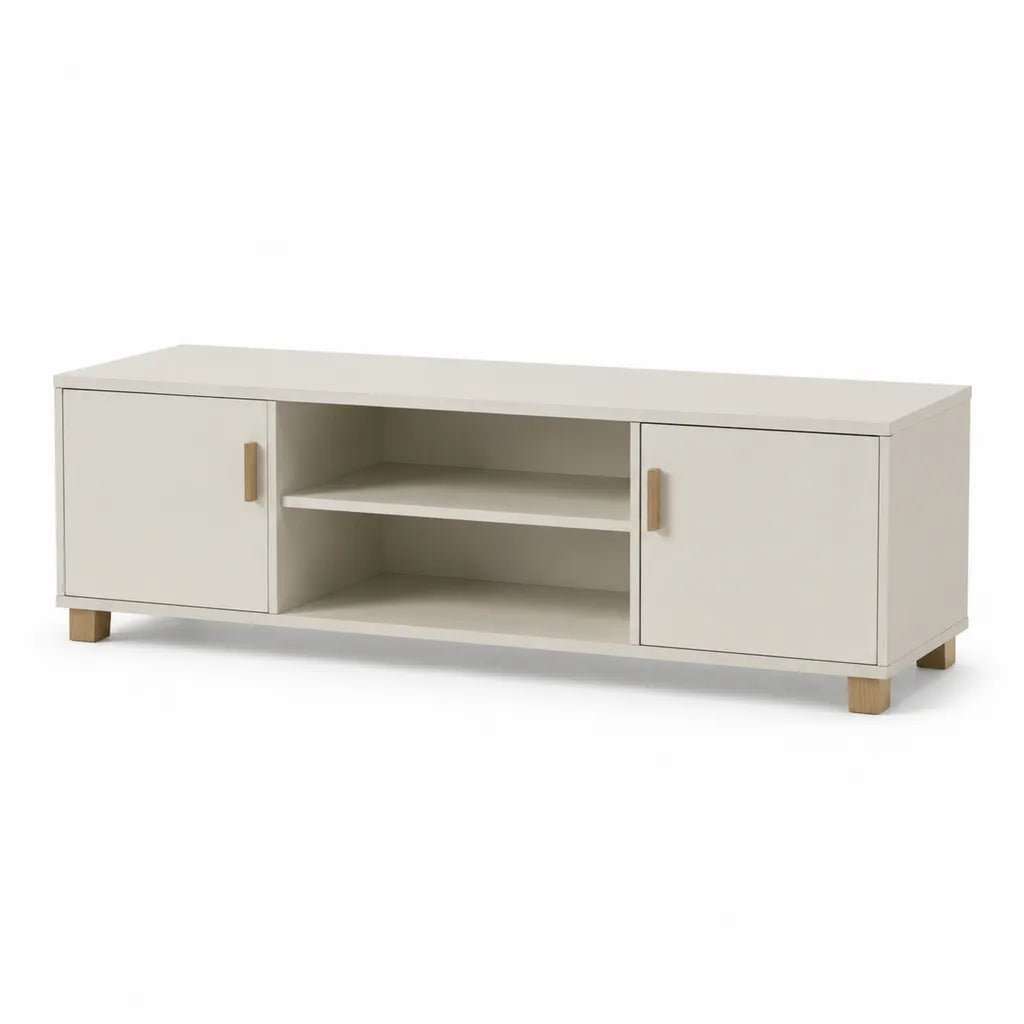 TV-Lowboard Fernsehtisch mit 2 Turen und 2 offenen Fachern 140 x 40 x 50 cm Spanplatte Melamin Weiss Rechteckig