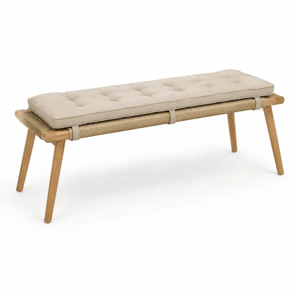 Gartenbank mit Sitzkissen 160 x 45 x 46 cm rechteckig aus Teakholz und Polypropylen-Seilgeflecht Natur Beige