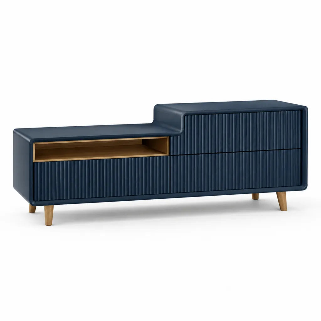 TV-Lowboard Fernsehtisch 180 x 40 x 65 cm MDF Massivholz rechteckig dunkelblau natur