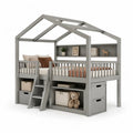 Kinderhochbett Hausbett mit Stauraum 90 x 200 cm Kiefer Massivholz Grau