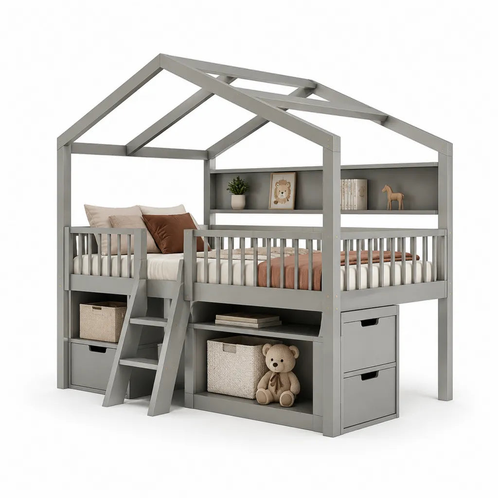 Kinderhochbett Hausbett mit Stauraum 90 x 200 cm Kiefer Massivholz Grau