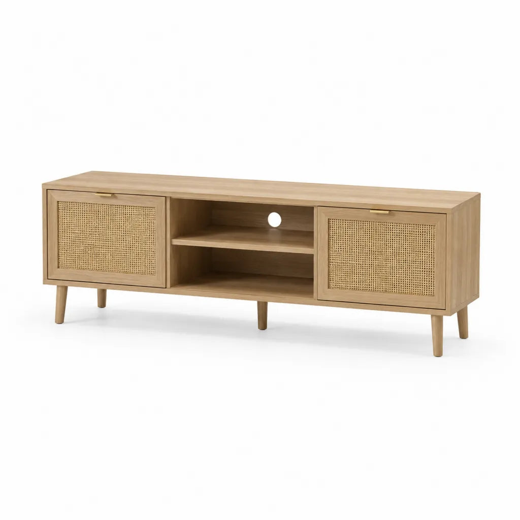 TV-Lowboard Fernsehschrank aus Eichenfurnier mit Rattanturen rechteckig Natur 180 x 40 x 60 cm