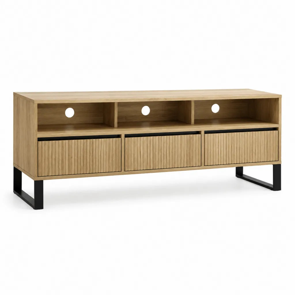 TV-Lowboard mit 3 Schubladen und Kabeldurchfuhrungen 150 x 40 x 60 cm MDF mit Eichenfurnier rechteckig Natur/Schwarz